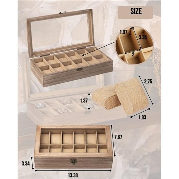 Watch Box, Watch Case for Men Women with Large Glass Lid, Wooden Watch Display - Picture 6 of 6